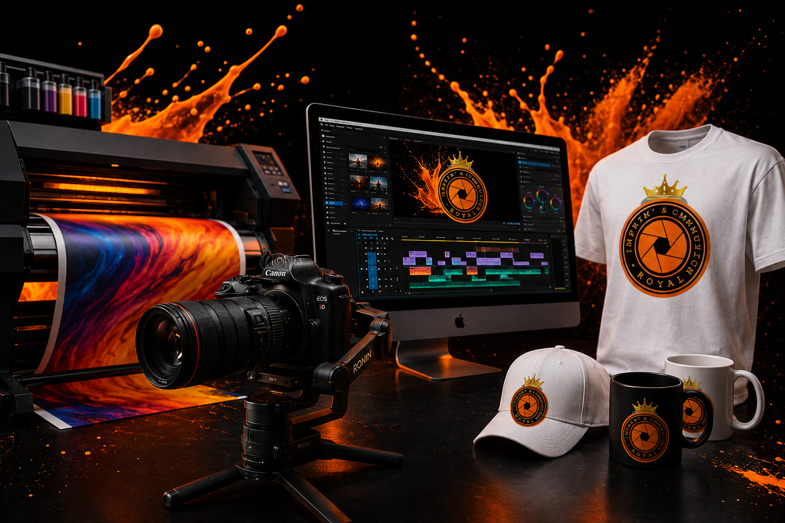 Imprimante grand format, station de montage vidéo, appareil photo reflex sur stabilisateur et goodies brandés Royal